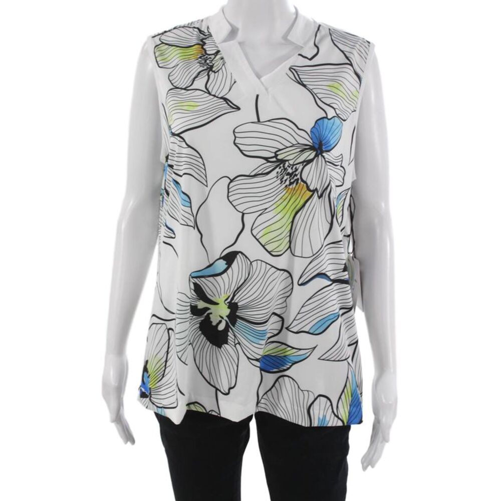 Tail Women Tunic V-Neck Sleeveless Floral White Polyester Pullover Size XL